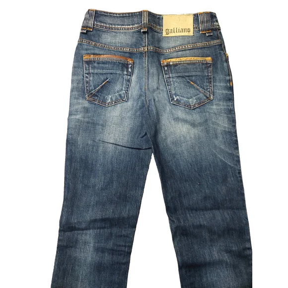 John Galliano Distressed Blue Jeans Embellished Bronze Studded Snow Flakes Sz 26